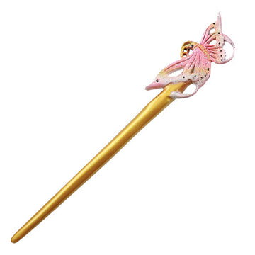 CrystalMood Handmade Carved Boxwood Hair Stick Butterfly Lacquered Gold & Pink